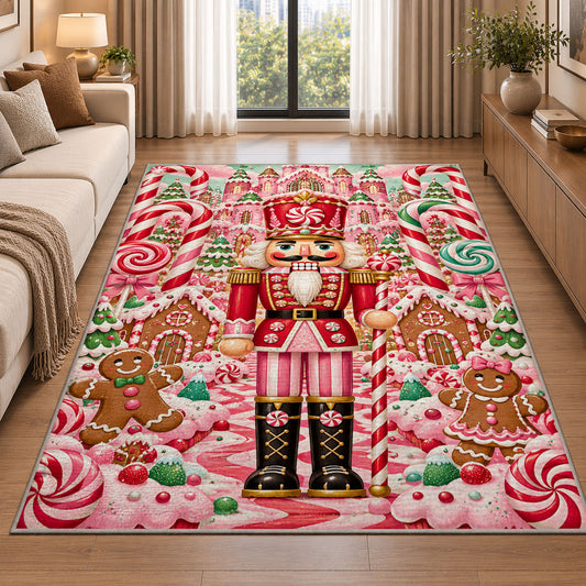 Candy Land Nutcracker Rug in a bright living room with a sofa