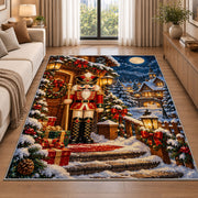 Nutcracker Snowy Cabin Rug in a bright living room with a sofa
