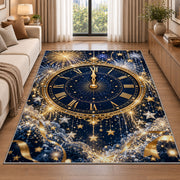 Midnight clock fireworks rug in a bright living room with a sofa