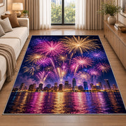 City skyline fireworks rug in a bright living room with a sofa