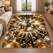 Disco ball and balloons rug in a bright living room with a sofa