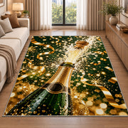 Champagne bottle pop rug in a bright living room with a sofa