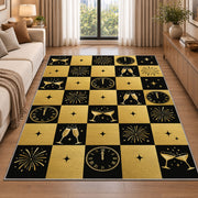 Black and gold checkered New Year rug in a bright living room with a sofa