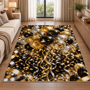 Gold and black balloons rug in a bright living room with a sofa