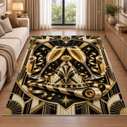 Art deco champagne toast rug in a bright living room with a sofa