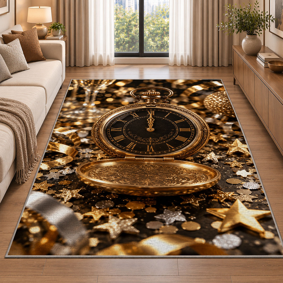 Vintage pocket watch at midnight rug in a bright living room with a sofa