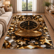 Vintage pocket watch at midnight rug in a bright living room with a sofa