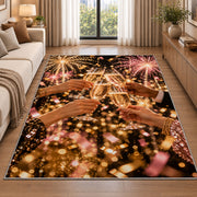 Champagne cheers rug in a bright living room with a sofa