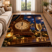 Mantel clock at midnight rug in a bright living room with a sofa
