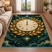 Gold laurel midnight clock rug in a bright living room with a sofa