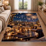 Rooftop party fireworks rug in a bright living room with a sofa