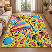Party hat and noisemaker rug in a bright living room with a sofa