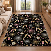Fireworks and champagne pattern rug in a bright living room with a sofa