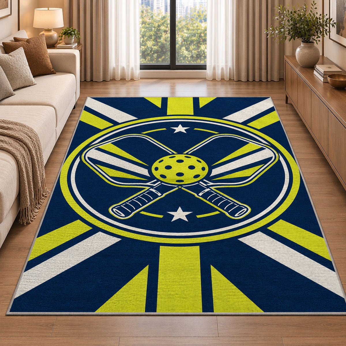 Crossed Pickleball Paddles Rug in a bright living room with a sofa