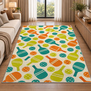 Pickleball Pattern Rug in a bright living room with a sofa