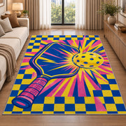 Pop Art Pickleball Rug in a bright living room with a sofa