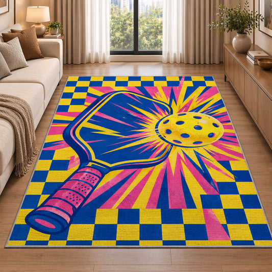 Pop Art Pickleball Rug in a bright living room with a sofa