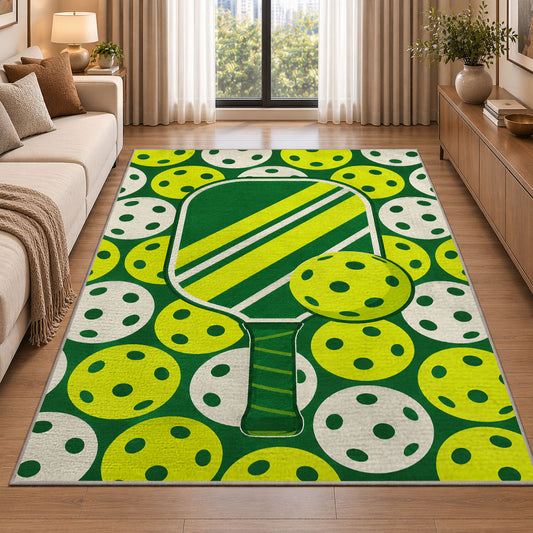 Pickleball Holes Pattern Rug in a bright living room with a sofa