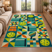 Pickleball Patchwork Rug in a bright living room with a sofa