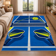 Pickleball Over the Net Rug in a bright living room with a sofa