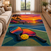 Sunset Pickleball Court Rug in a bright living room with a sofa