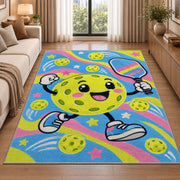 Cute Pickleball Character Rug in a bright living room with a sofa