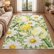 Watercolor Pickleball Daisy Rug in a bright living room with a sofa