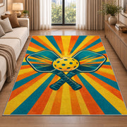 Pickleball Sunburst Rug in a bright living room with a sofa