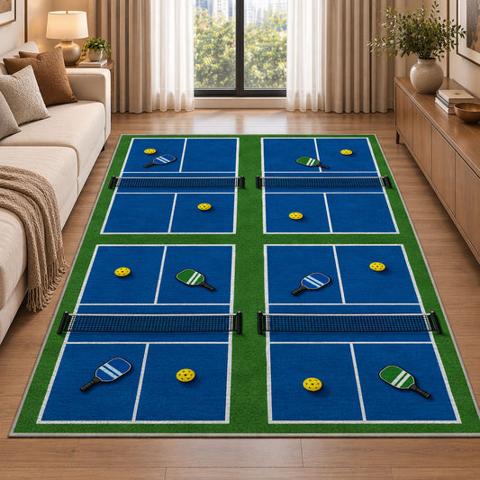 Pickleball Club Courts Rug in a bright living room with a sofa