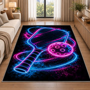 Neon Pickleball Rug in a bright living room with a sofa