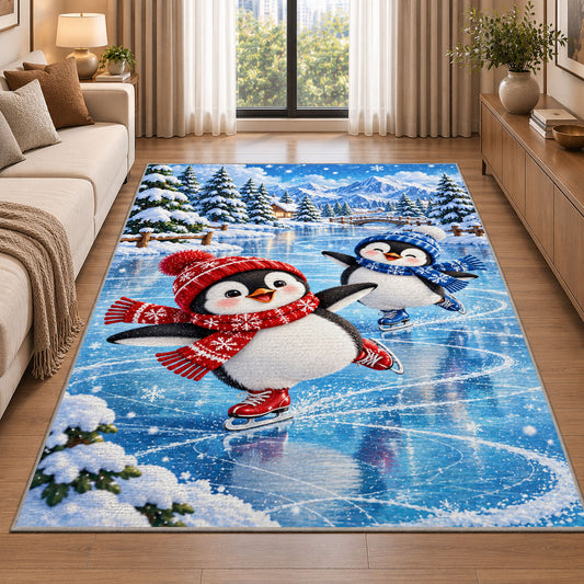Ice Skating Penguin Rug in a bright living room with a sofa