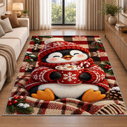 Hot Cocoa Penguin Rug in a bright living room with a sofa