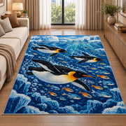 Underwater Penguin Rug in a bright living room with a sofa