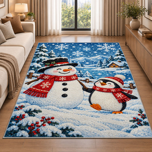 Snowman and Penguin Rug in a bright living room with a sofa