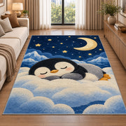 Sleeping Baby Penguin Rug in a bright living room with a sofa