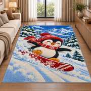 Snowboarding Penguin Rug in a bright living room with a sofa
