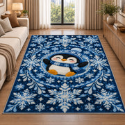 Snowflake Mandala Penguin Rug in a bright living room with a sofa