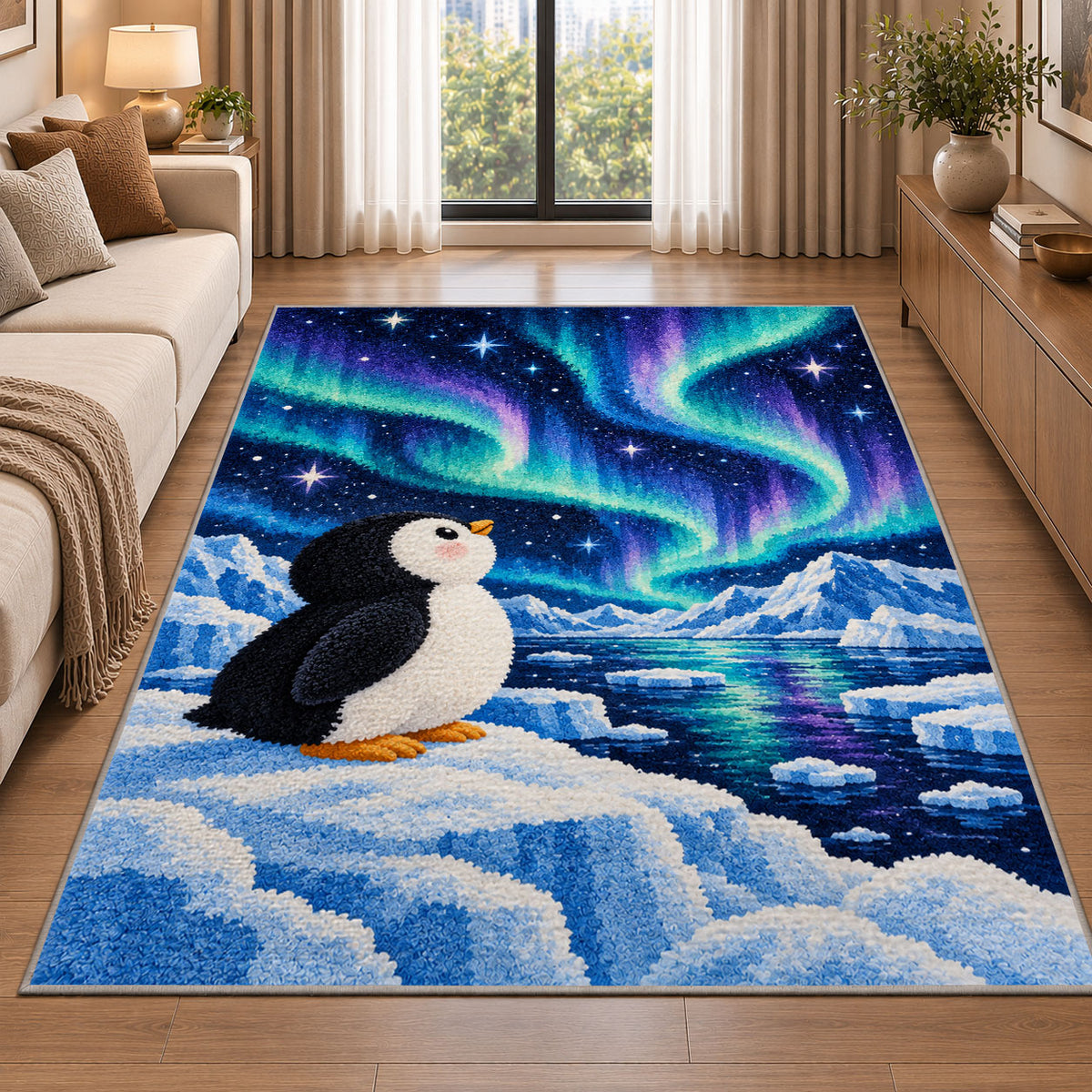 Aurora Penguin Rug in a bright living room with a sofa