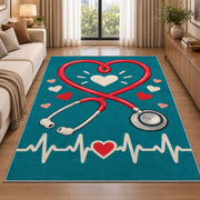 Heart Stethoscope Nurse Rug in a bright living room with a sofa