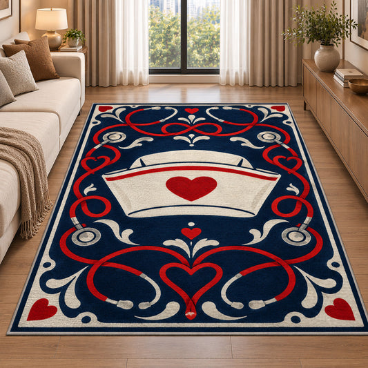 Vintage Nurse Cap Rug in a bright living room with a sofa