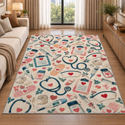 Nurse Essentials Pattern Rug in a bright living room with a sofa