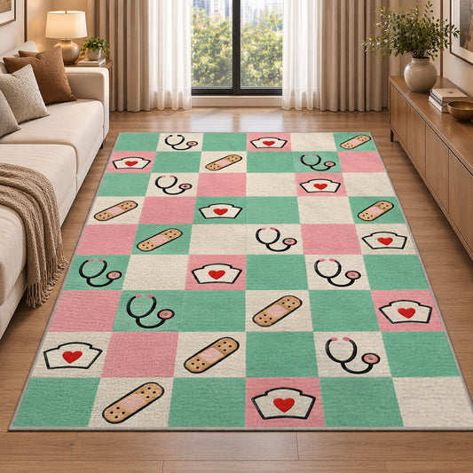 Retro Checkered Nurse Rug in a bright living room with a sofa