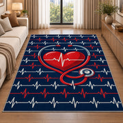 Heartbeat Stethoscope Rug in a bright living room with a sofa