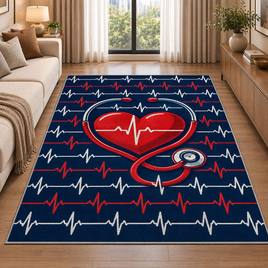 Heartbeat Stethoscope Rug in a bright living room with a sofa
