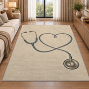 Minimalist Stethoscope Heart Rug in a bright living room with a sofa