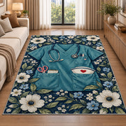 Nurse Scrubs Rug in a bright living room with a sofa