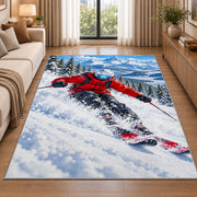 Downhill skier rug in a bright living room with a sofa