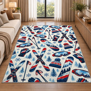 Ski gear pattern rug in a bright living room with a sofa