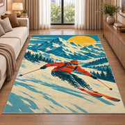 Vintage ski poster rug in a bright living room with a sofa