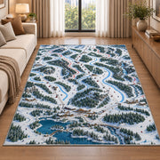 Ski resort trail map rug in a bright living room with a sofa